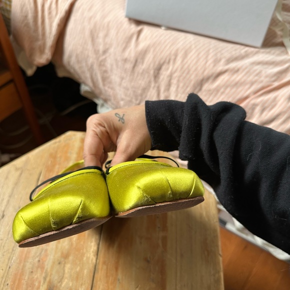 Sandy Liang Chartreuse colored satin square toe cross elastic ballet flats - Picture 7 of 9